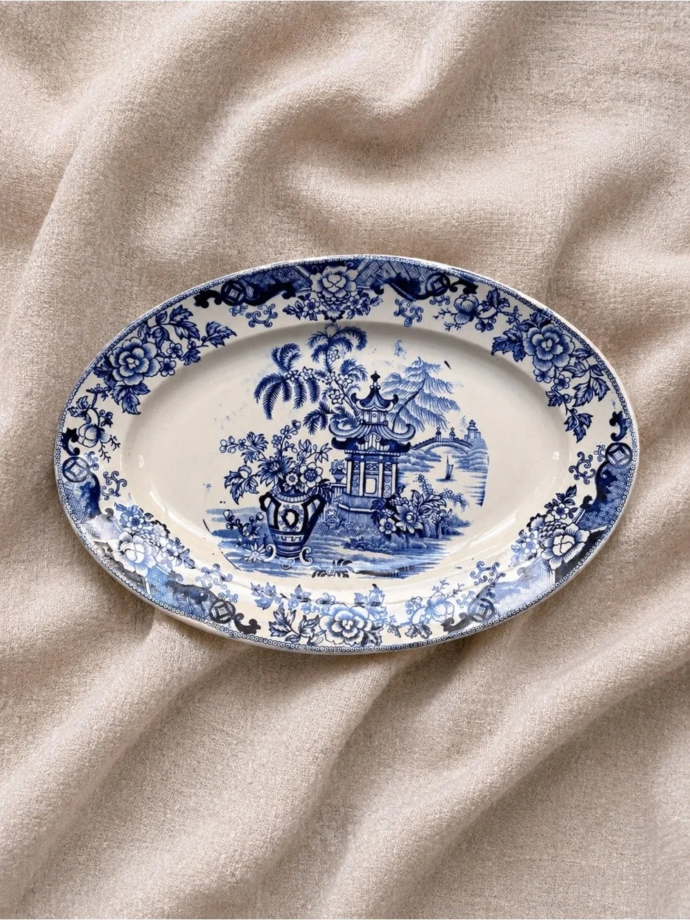 Antique Creil et Montereau Blue & White Pagoda Oval Platter - 19th Century